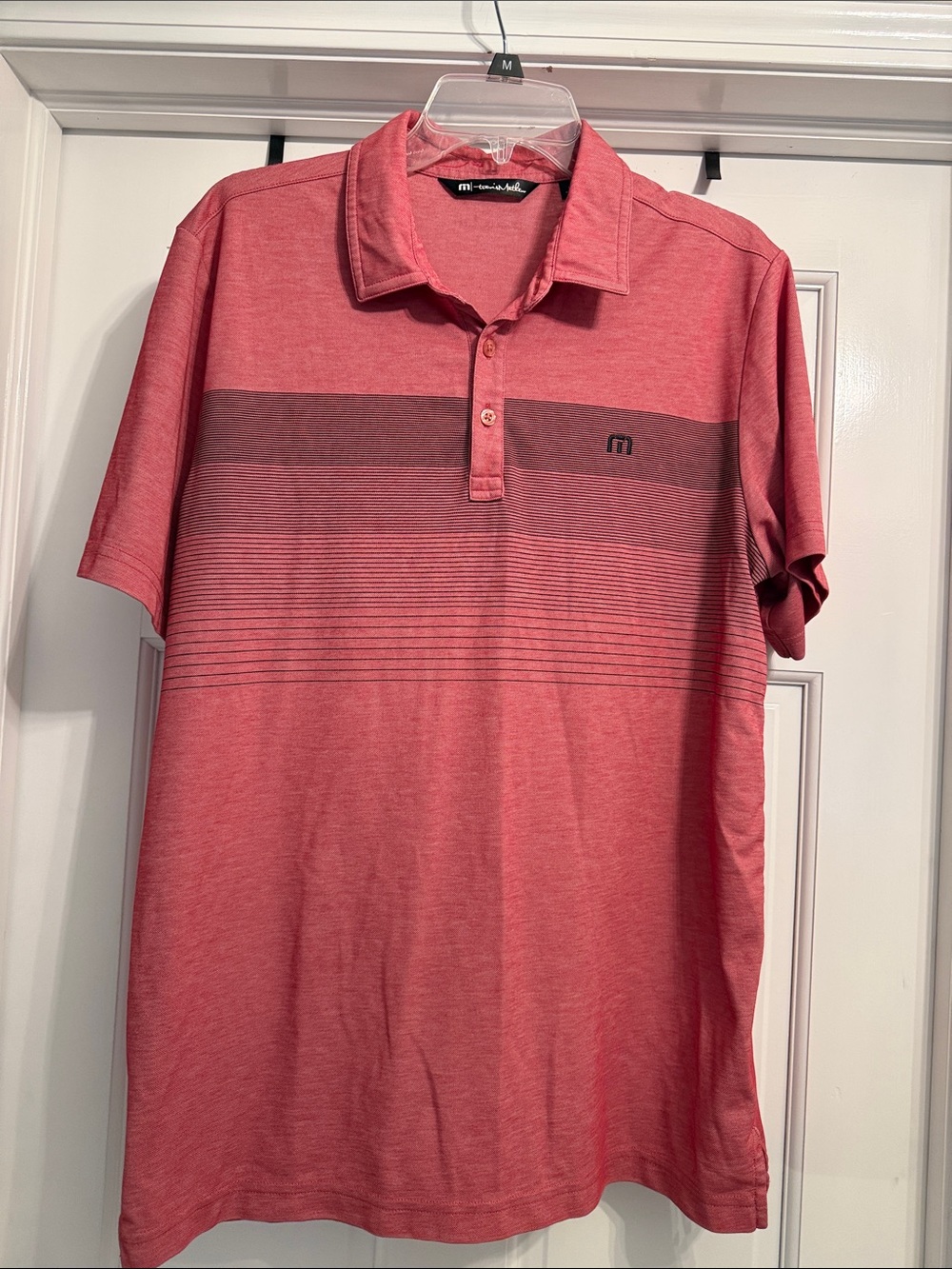 Travis Mathew Red Heather Polo with Dark Red Stripe